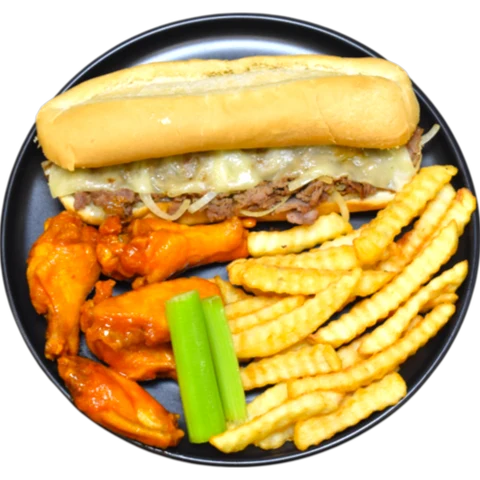 A sub with wings and fries