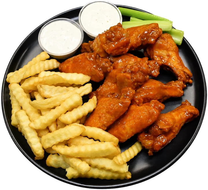 Party wings with crinkle fries, celery and ranch