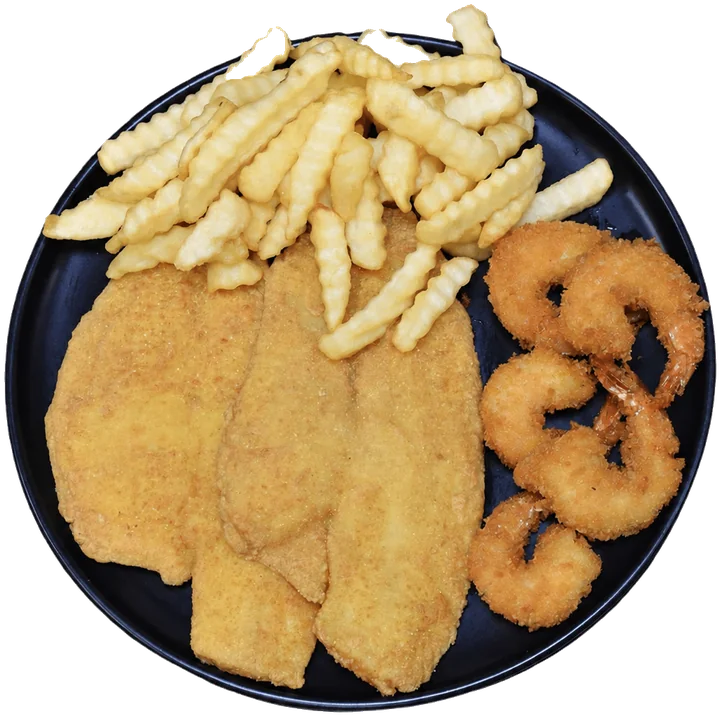 Fried fish and shrimp with crinkle fries