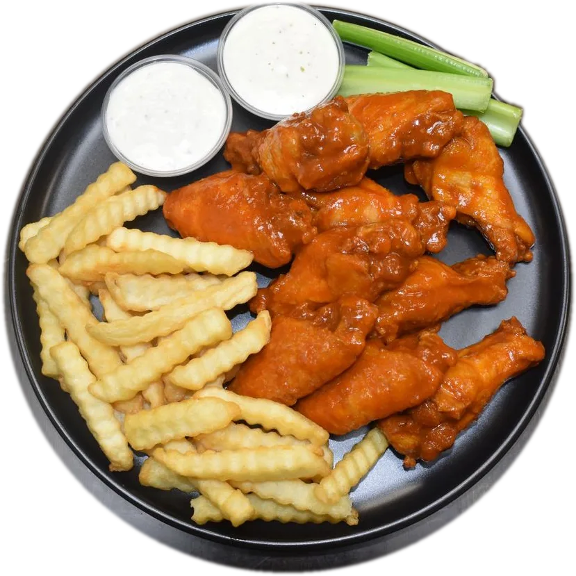 Buffalo wings with crinkle fries and ranch
